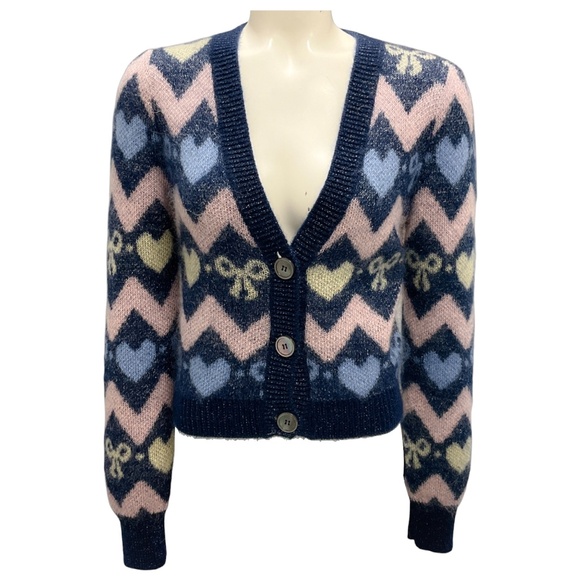 ALESSANDRA RICH NAVY MULTI 2023 CROPPED MOHAIR KNIT CARDIGAN SWEATER - Picture 1 of 6